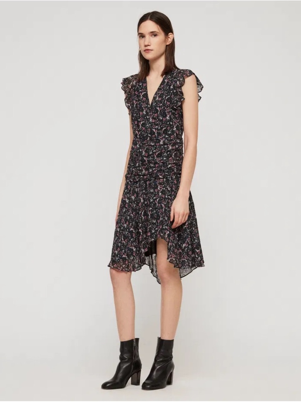 All Saints Floral Ruffle V-Neck Midi Dress in Black with Pink Accents